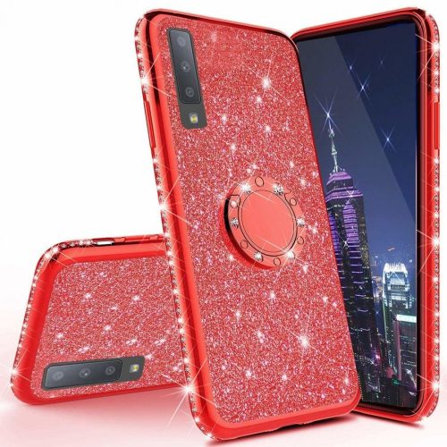 Huawei P40 Lite Diamond Csillámló Szilikon Tok TPU Gyűrűs Piros