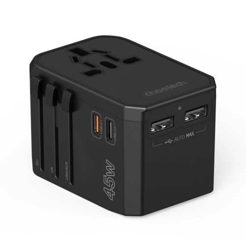 Choetech PD6045 USB-C USB-A 45W GaN Travel Charger with US EU UK AU Plugs - Black