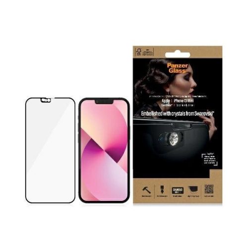 PanzerGlass E2E Microfracture antibacterial glass with camera cover with Swarovsky crystal for iPhone 13 mini - with black frame