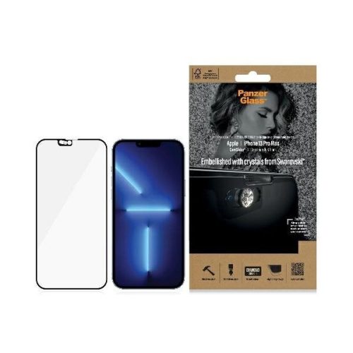 PanzerGlass E2E Microfracture Antibacterial Glass with Camera Cover with Swarovsky Crystal for iPhone 13 Pro Max - with Black Frame