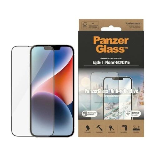 PanzerGlass Ultra-Wide Fit Antibacterial Tempered Glass with Glare Filter and Positioner for iPhone 14/13 Pro/13