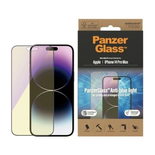 PanzerGlass Ultra-Wide Fit Antibacterial Tempered Glass with Blue Light Filter and Positioner for iPhone 14 Pro Max