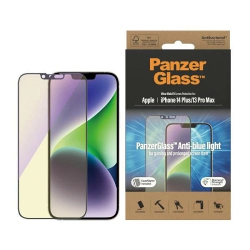 PanzerGlass Ultra-Wide Fit Antibacterial Tempered Glass with Blue Light Filter and Positioner for iPhone 14 Plus / 13 Pro Max