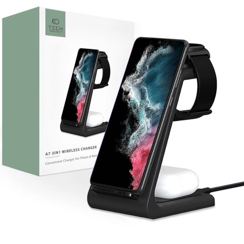 Tech-Protect A7 10W inductive charger in the form of a 3-in-1 stand for smartphone / headphones / smartwatch - black