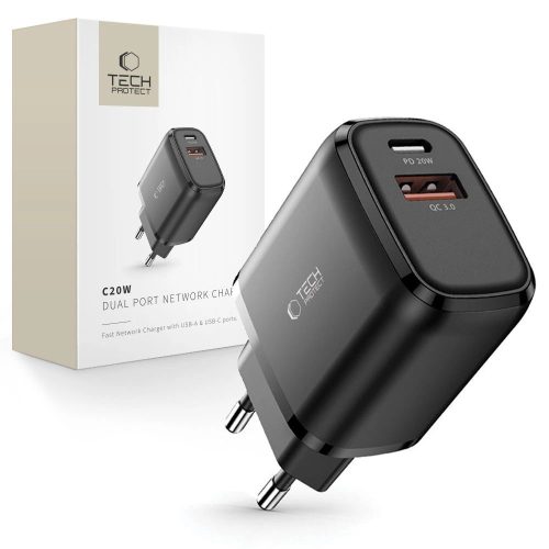 Tech-Protect C20W USB-C PD 20W / USB-A QC 3.0 network charger - black