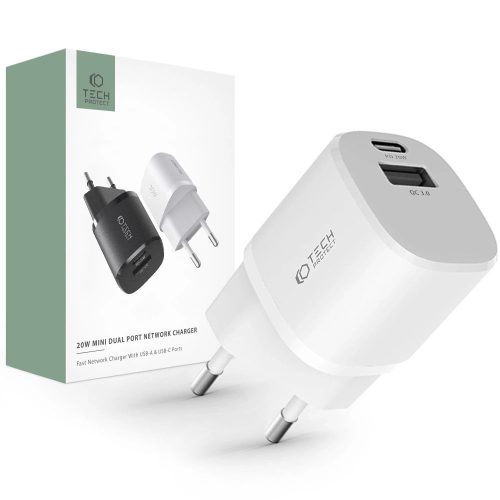 Tech-Protect C20W mini USB-C PD 20W / USB-A QC 3.0 network charger - white