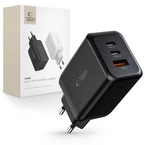 Tech-Protect C65W network charger 2x USB-C PD 65W / USB-A QC 3.0 - black