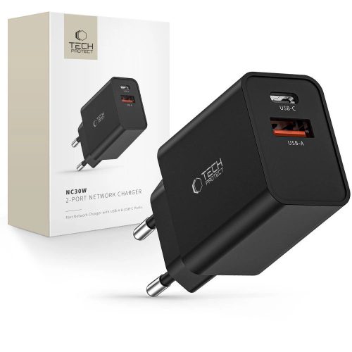 Tech-Protect NC30W USB-C PD 30W / USB-A QC 3.0 network charger - black