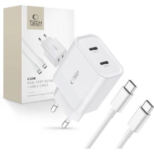 Tech-Protect C20W 2x USB-C PD 20W network charger with USB-C / USB-C cable - white