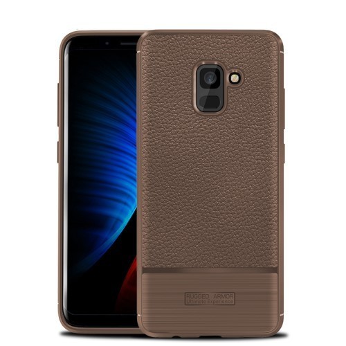 Samsung Galaxy A8 (2018) Tok Szilikon Szálcsiszolt és Bőr Mintázattal Barna