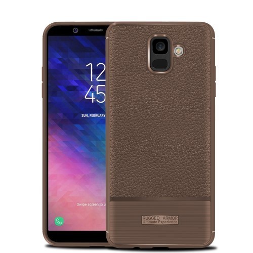 Samsung Galaxy A6 (2018) Szilikon Tok Prémium Szálcsiszolt-Bőrmintázattal Barna
