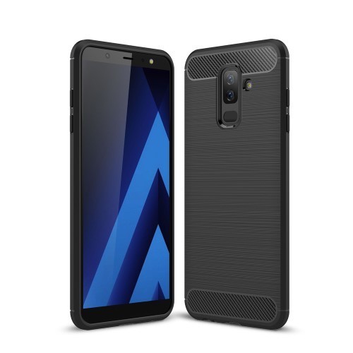 Samsung Galaxy A6+ (2018) Szilikon Tok Ütésállókivitel Karbon Mintázattal Fekete