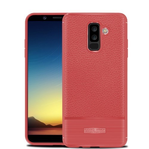 Samsung Galaxy A6+ (2018) Szilikon Tok Prémium Szálcsiszolt-Bőrmintázattal Piros