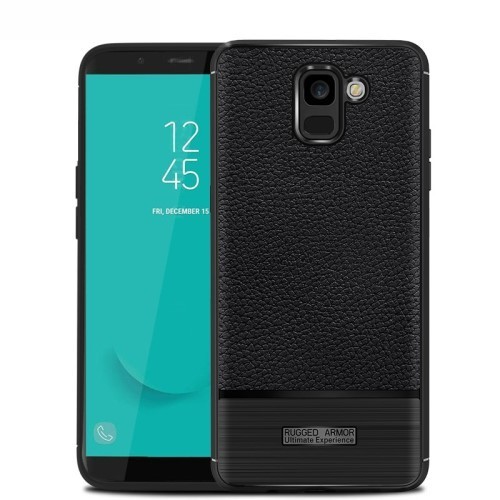 Samsung Galaxy J6 (2018) Szilikon Tok Prémium Szálcsiszolt-Bőrmintázattal Fekete