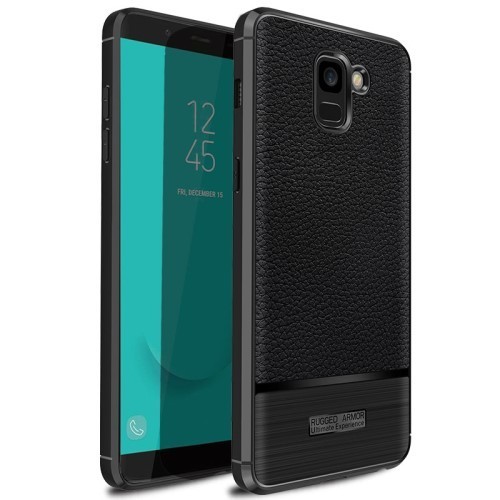 Samsung Galaxy J6 (2018) Szilikon Tok Prémium Szálcsiszolt-Bőrmintázattal Fekete