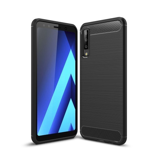Samsung Galaxy A7 (2018) Szilikon Tok Ütésállókivitel Karbon Mintázattal Fekete