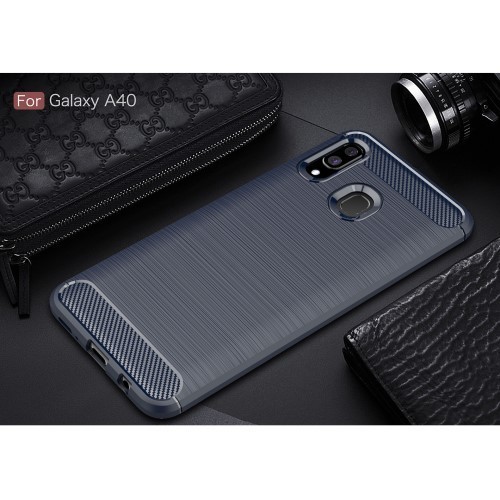 Samsung Galaxy A40 Szilikon Tok Ütésállókivitel Karbon Mintázattal Sötétkék