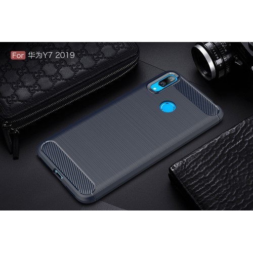 Huawei Y7 (2019) Szilikon Tok Ütésállókivitel Karbon Mintázattal Sötétkék