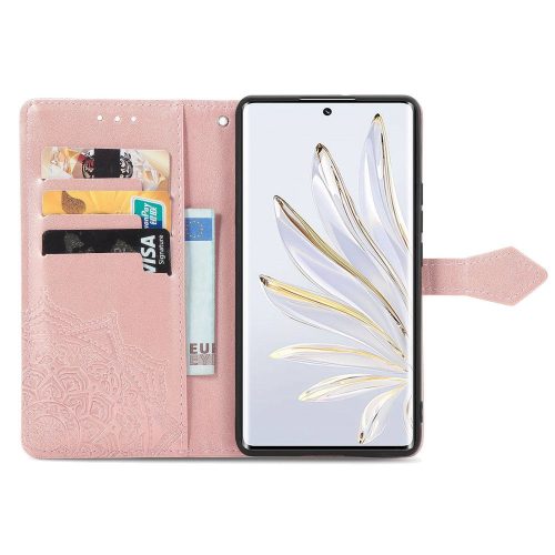 RMPACK Honor 70 5G Tok Notesz Tok Mintás Mandala Style Kitámasztható Bankkártyatartóval Rózsaarany