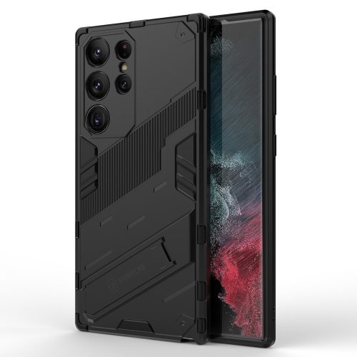 RMPACK Samsung Galaxy S23 Ultra Tok Ütésállókivitel Kitámasztható PC + TPU 2in1 Anti-Drop Series Kameralencse védelemmel Fekete