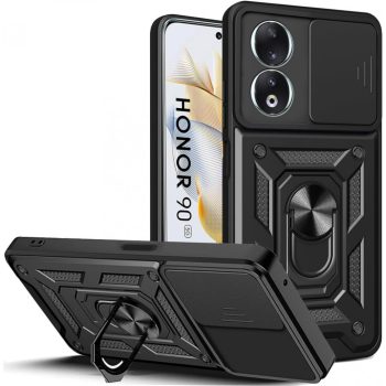   RMPACK Honor 90 5G Ütésálló Tok Best Armor Ring Style + Camera Protector Lencsevédelemmel Fekete