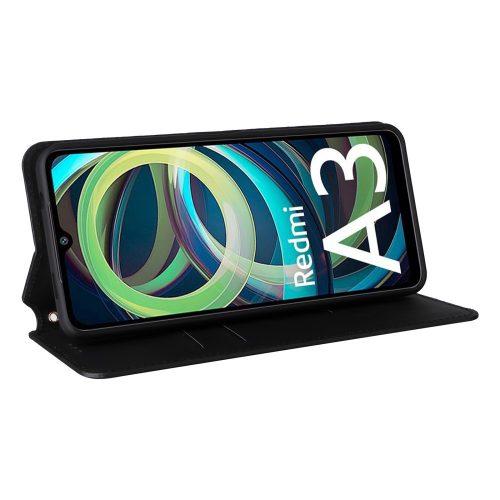 RMPACK Xiaomi Redmi A3 Tok Notesz Karbon Mintázattal Kitámasztható Kártyatartóval Fekete